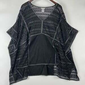 John Mark Womens Oversized Crochet Knit Top Size L Leather Trim Black Babydoll